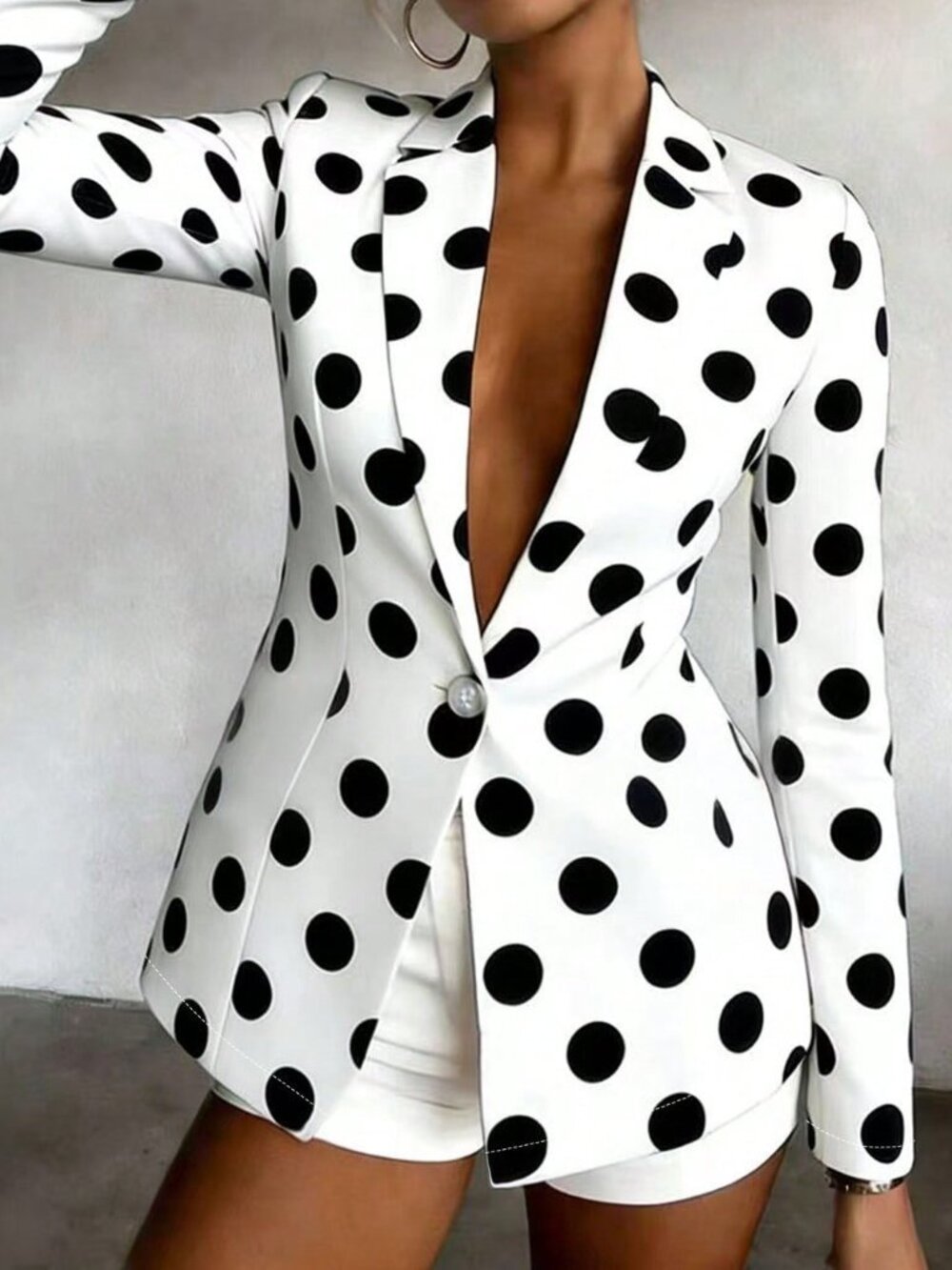 Black And White Party Women's Polka Dot Print Button Long Sleeve Blazer